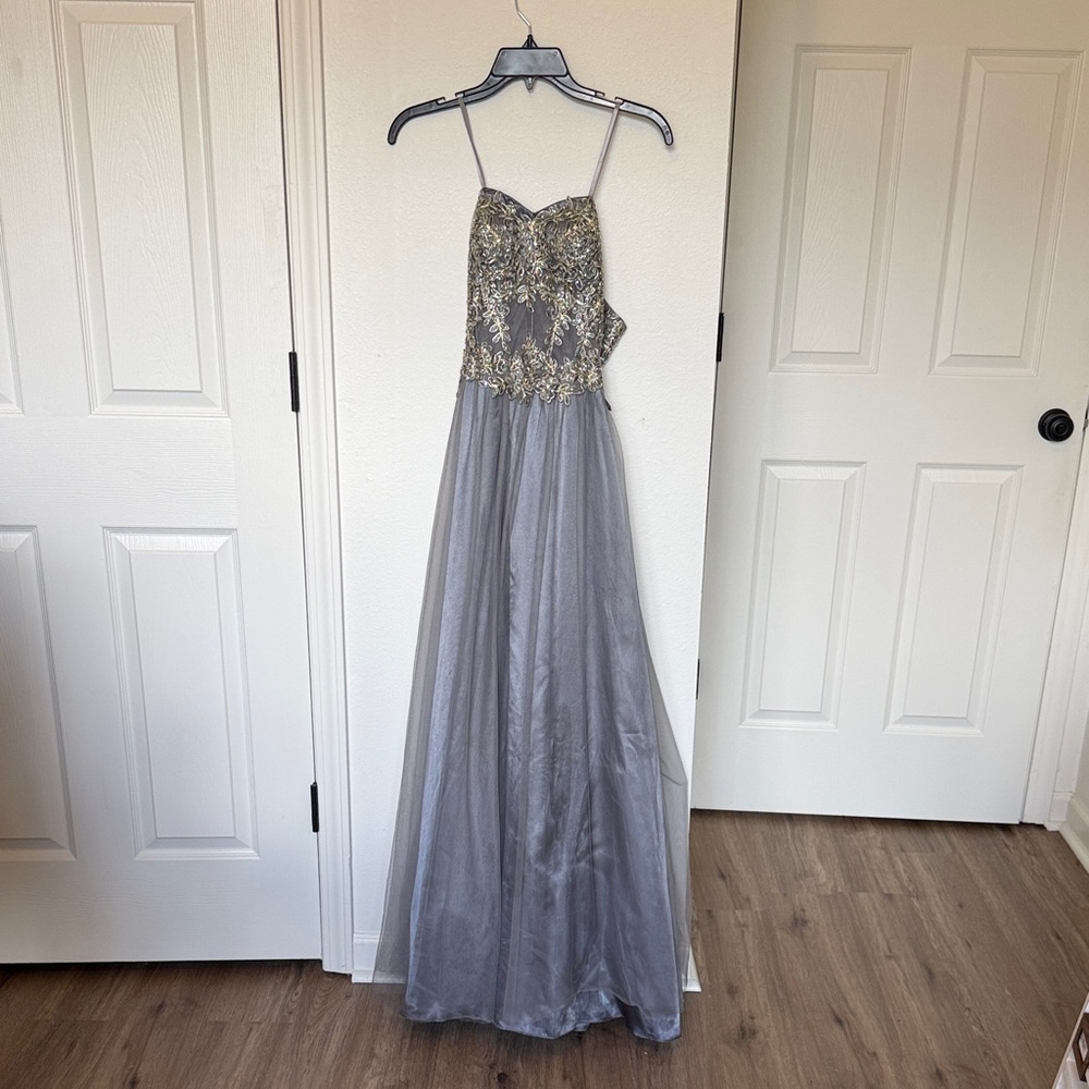 BA Nites Gray Dress with Gold Embroidery